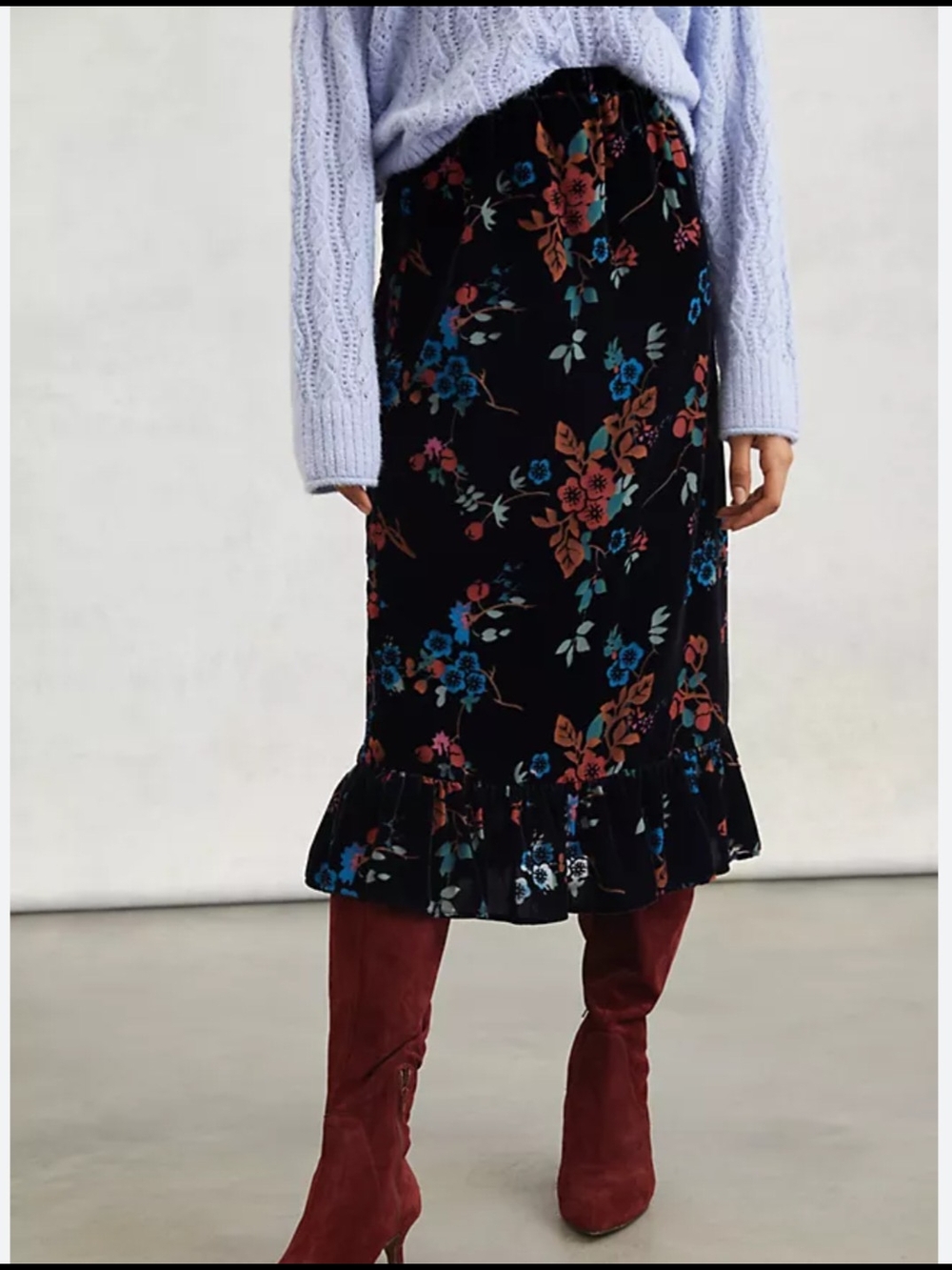 Floral Ruffle Hem Midi Skirt - Black Floral